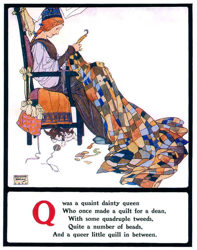 Edmund Dulac – Q was a quaint dainty queen [from Lyrics Pathetic & Humorous from A to Z]. Free illustration for personal and commercial use.