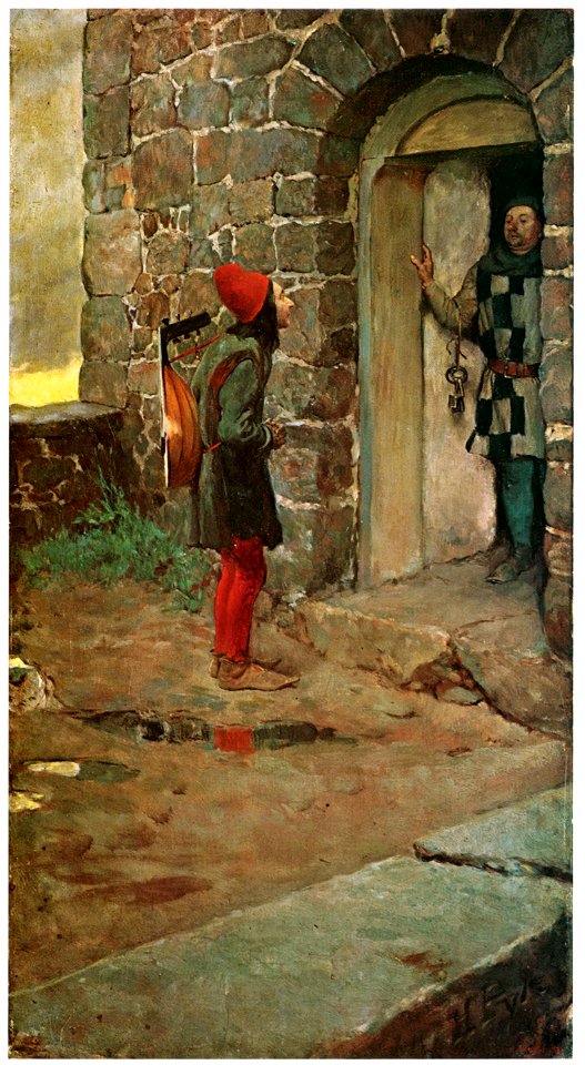 Howard Pyle – At the Gate of the Castle (Peire Vidal, Troubadour) [from HOWARD PYLE]. Free illustration for personal and commercial use.