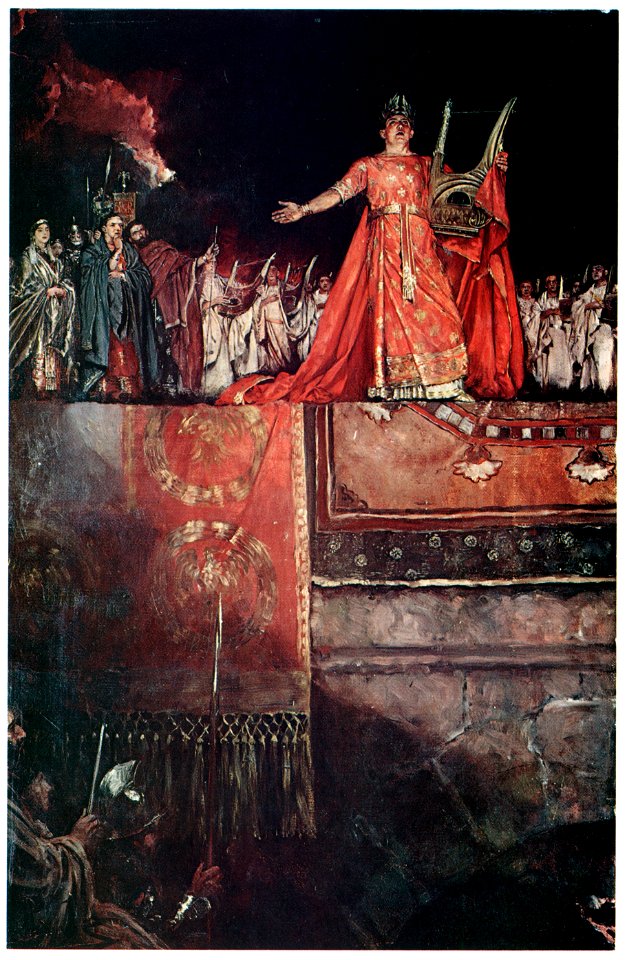 Howard Pyle – Nero holding a golden lute with Rome in flames (Quo Vadis) [from HOWARD PYLE]