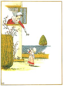 Kate Greenaway – Little baby, if I threw This fair blossom down to you [from Under the Window]. Free illustration for personal and commercial use.