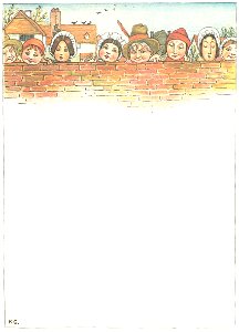Kate Greenaway – Look over the wall, and I’ll tell you why, – The King and the Queen will soon pass by [from Under the Window]. Free illustration for personal and commercial use.