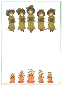 Kate Greenaway – Five little sisters walking in a row: Now, isn’t that the best way for little girls to go? [from Under the Window]. Free illustration for personal and commercial use.