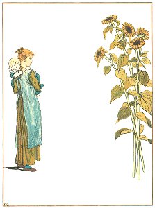 Kate Greenaway – I was walking up the street, The steeple bells were ringing [from Under the Window]. Free illustration for personal and commercial use.