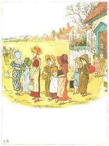 Kate Greenaway – School is over, Oh, what fun! [from Under the Window]. Free illustration for personal and commercial use.