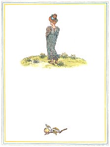Kate Greenaway – “Margery Brown, on the top of the hill, Why are you standing idle still?” [from Under the Window]. Free illustration for personal and commercial use.