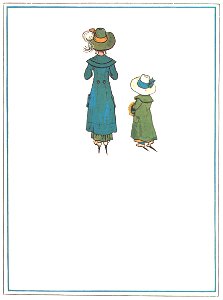 Kate Greenaway – As I stepped out to hear the news, I met a lass in socks and shoes [from Under the Window]. Free illustration for personal and commercial use.