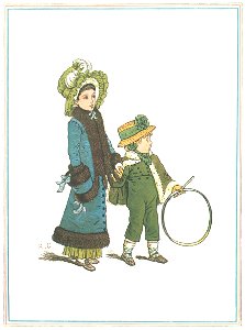 Kate Greenaway – Little Fanny wears a hat Like her ancient Grannie [from Under the Window]. Free illustration for personal and commercial use.