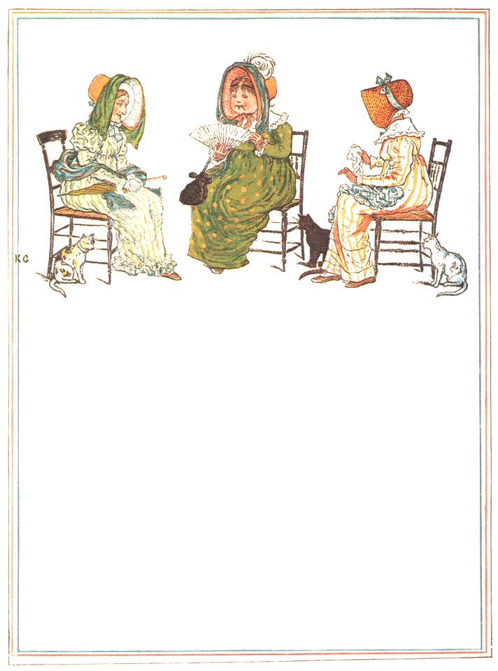 Kate Greenaway – Three tabbies took out their cats to tea, As well-behaved tabbies as well could be [from Under the Window]. Free illustration for personal and commercial use.