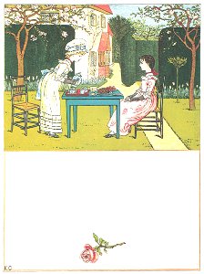 Kate Greenaway – You see, merry Phillis, that dear little maid, Has invited Belinda to tea [from Under the Window]. Free illustration for personal and commercial use.