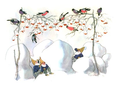 Ernst Kreidolf – Amongst Bullfinches [from Winter’s Tale]. Free illustration for personal and commercial use.