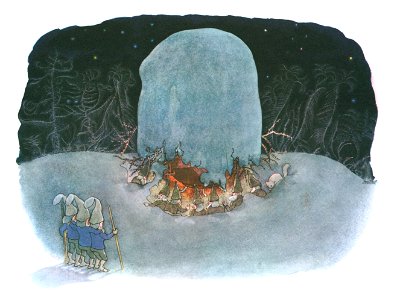 Ernst Kreidolf – Arriving at the Home of the Seven Dwarfs [from Winter’s Tale]. Free illustration for personal and commercial use.