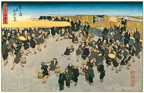 Utagawa Hiroshige – Rice Transactions at Dojima [from Famous Places in Kamigata – Ukiyoe meisaku senshū]. Free illustration for personal and commercial use.