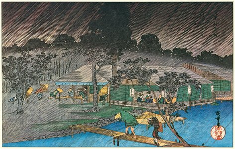 Utagawa Hiroshige – A Shower on the River-beach of Tadasu [from Famous Places in Kamigata – Ukiyoe meisaku senshū]. Free illustration for personal and commercial use.