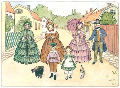 Elsa Beskow – Plate 15 [from Aunt Green, Aunt Brown and Aunt Lavender]. Free illustration for personal and commercial use.