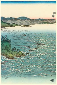 Utagawa Hiroshige – A View of Whirlpools at Awa (Center) [from Famous Places in Kamigata – Ukiyoe meisaku senshū]. Free illustration for personal and commercial use.