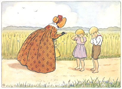 Elsa Beskow – Plate 9 [from Aunt Green, Aunt Brown and Aunt Lavender]. Free illustration for personal and commercial use.