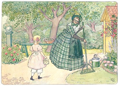 Elsa Beskow – Plate 3 [from Aunt Green, Aunt Brown and Aunt Lavender]. Free illustration for personal and commercial use.