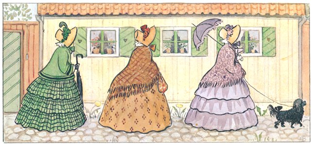 Elsa Beskow – Plate 1 [from Aunt Green, Aunt Brown and Aunt Lavender]. Free illustration for personal and commercial use.