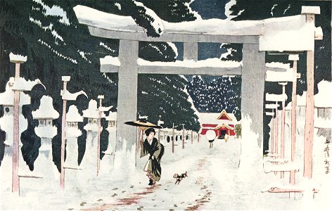 Kobayashi Kiyochika – A View of the Snow-Covered Toshogu at Ueno [from Kiyochika – Ukiyoe meisaku senshū]. Free illustration for personal and commercial use.