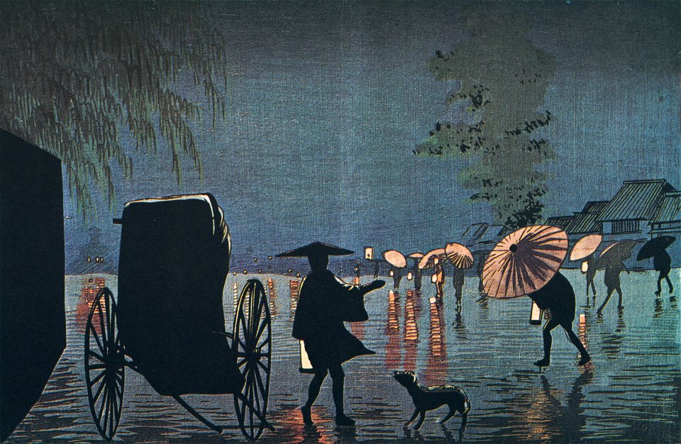 Kobayashi Kiyochika – The night Rain at Yanagihara [from Kiyochika – Ukiyoe meisaku senshū]. Free illustration for personal and commercial use.