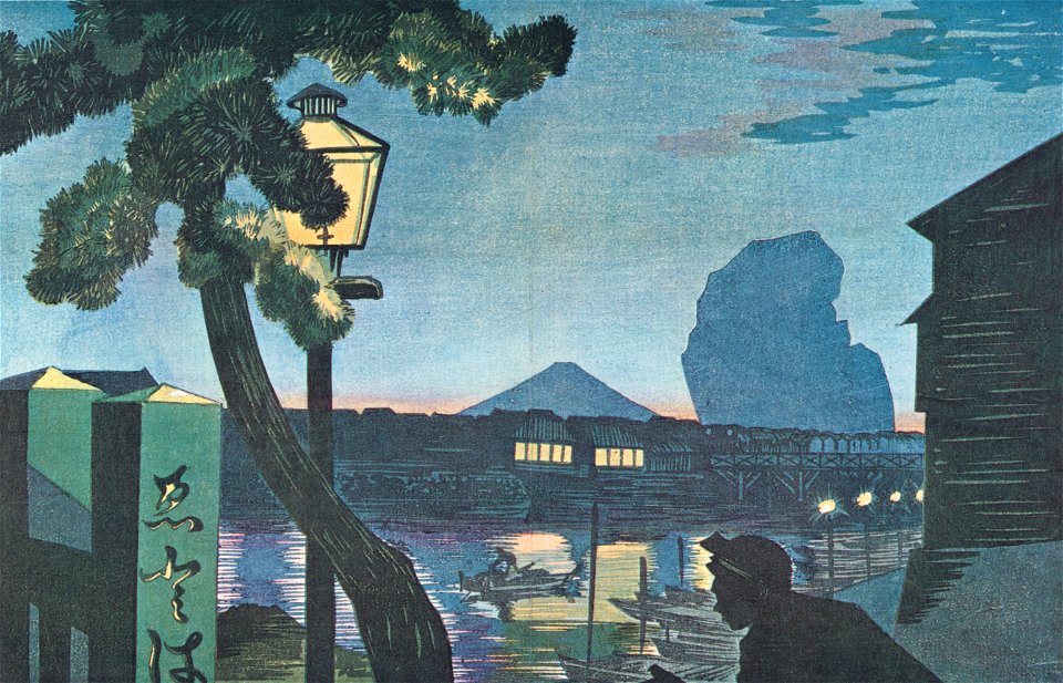 Kobayashi Kiyochika – Mt. Fuji as seen from Edobashi Bridge in the evening [from Kiyochika – Ukiyoe meisaku senshū]