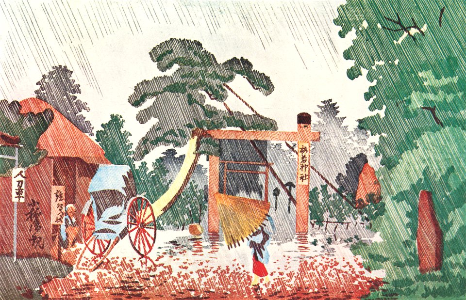 Kobayashi Kiyochika – The Shrine of Umewaka [from Kiyochika – Ukiyoe meisaku senshū]. Free illustration for personal and commercial use.