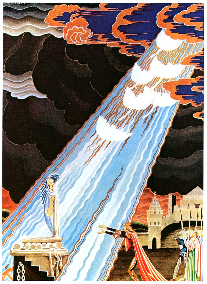 Kay Nielsen – Six white swans were flying high in the sky (The White Swans) [from Kay Nielsen]. Free illustration for personal and commercial use.
