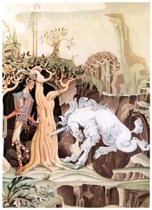 Kay Nielsen – The Unicom drove her horn into the tree (The Brave Little Tailor) [from Kay Nielsen]. Free illustration for personal and commercial use.