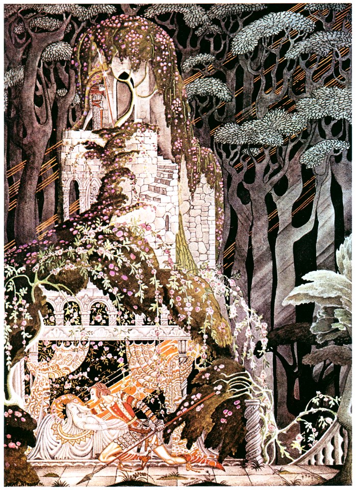 Kay Nielsen – The Prince knelt down and gave her a kiss (Sleeping Beauty) [from Kay Nielsen]. Free illustration for personal and commercial use.
