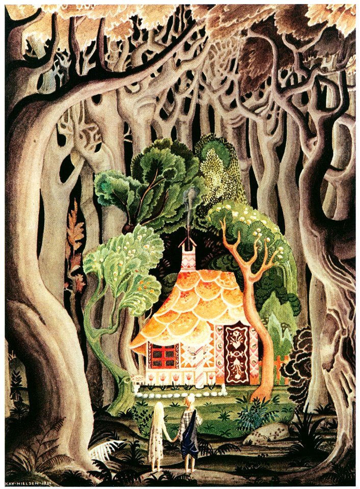 Kay Nielsen – The Cottage was built of bread and cake (Hansel and Gretel) [from Kay Nielsen]. Free illustration for personal and commercial use.