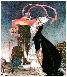 Kay Nielsen – “I have had such a terrible dream,” she declared. “…. a pretty bird swooped down, snatched it from my hands and flew away with it” (Rosanie or The Inconstant Prince) [from Kay Nielsen]. Free illustration for personal and commercial use.