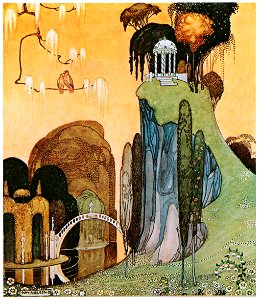 Kay Nielsen – List, ah, list to the zephyr in the grove! Where beneath the happy boughs Flora builds her summerhouse: Whist! Ah, whist! While the cushat tells his love. (Felicia or The Pot of Pinks) [from Kay Nielsen]. Free illustration for personal and commercial use.
