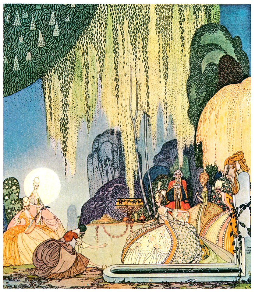 Kay Nielsen – Felicia thereupon stepped forth, and terrified though she was, saluted the Queen respectfully: with so graceful a curtsey (Felicia or The Pot of Pinks) [from Kay Nielsen]