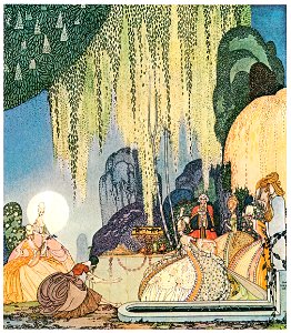 Kay Nielsen – Felicia thereupon stepped forth, and terrified though she was, saluted the Queen respectfully: with so graceful a curtsey (Felicia or The Pot of Pinks) [from Kay Nielsen]. Free illustration for personal and commercial use.