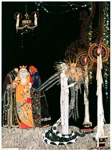 Kay Nielsen – She saw the Lindworm for the first time as he came in and stood by her side (Prince Lindworm) [from Kay Nielsen]. Free illustration for personal and commercial use.