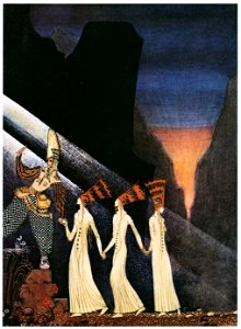 Kay Nielsen – As soon as they tugged at the rope, the Captain and the Lieutenant pulled up the Princesses, the one after the other (The Three Princesses in the Blue Mountain) [from Kay Nielsen]. Free illustration for personal and commercial use.