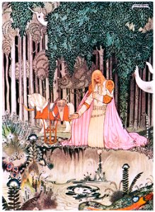 Kay Nielsen – He too saw the image in the water; but he looked up at once, and became aware of the lovely Lassie who sat there up in the tree (The Lassie and Her Godmother) [from Kay Nielsen]. Free illustration for personal and commercial use.