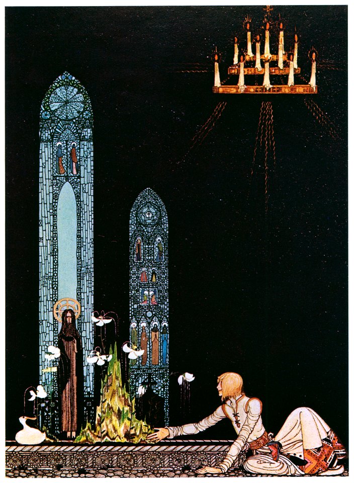 Kay Nielsen – “On that island stands a church; in that church is a well; in that well swims a duck.” (The Giant Who Had No Heart in His Body) [from Kay Nielsen]