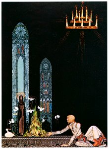 Kay Nielsen – “On that island stands a church; in that church is a well; in that well swims a duck.” (The Giant Who Had No Heart in His Body) [from Kay Nielsen]. Free illustration for personal and commercial use.