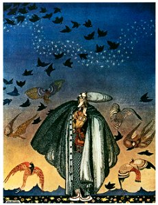 Kay Nielsen – No sooner had he whistled than he heard a whizzing and a whirring from all quarters, and such a large flock of birds swept down that they blackened all the field in which they settled (The Three Princesses in the Blue Mountain) [from Kay Nielsen]. Free illustration for personal and commercial use.