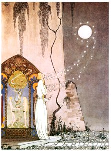 Kay Nielsen – She could not help setting the door a little ajar, just to peep in, when – Pop! out flew the Moon (The Lassie and Her Godmother) [from Kay Nielsen]. Free illustration for personal and commercial use.