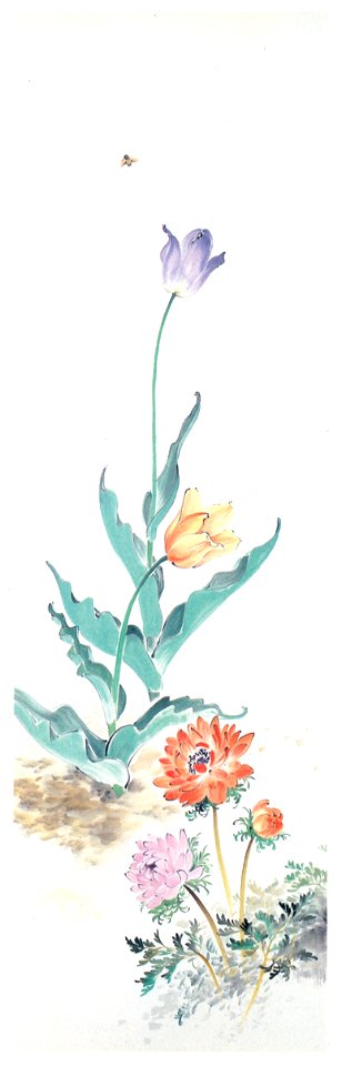 Takabatake Kashō – Tulip and Poppy Anemone [from Catalogue of Takabatake Kashō Taisho Roman Museum]. Free illustration for personal and commercial use.