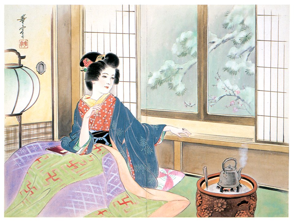 Takabatake Kashō – Beautiful Women in December [from Catalogue of Takabatake Kashō Taisho Roman Museum]. Free illustration for personal and commercial use.
