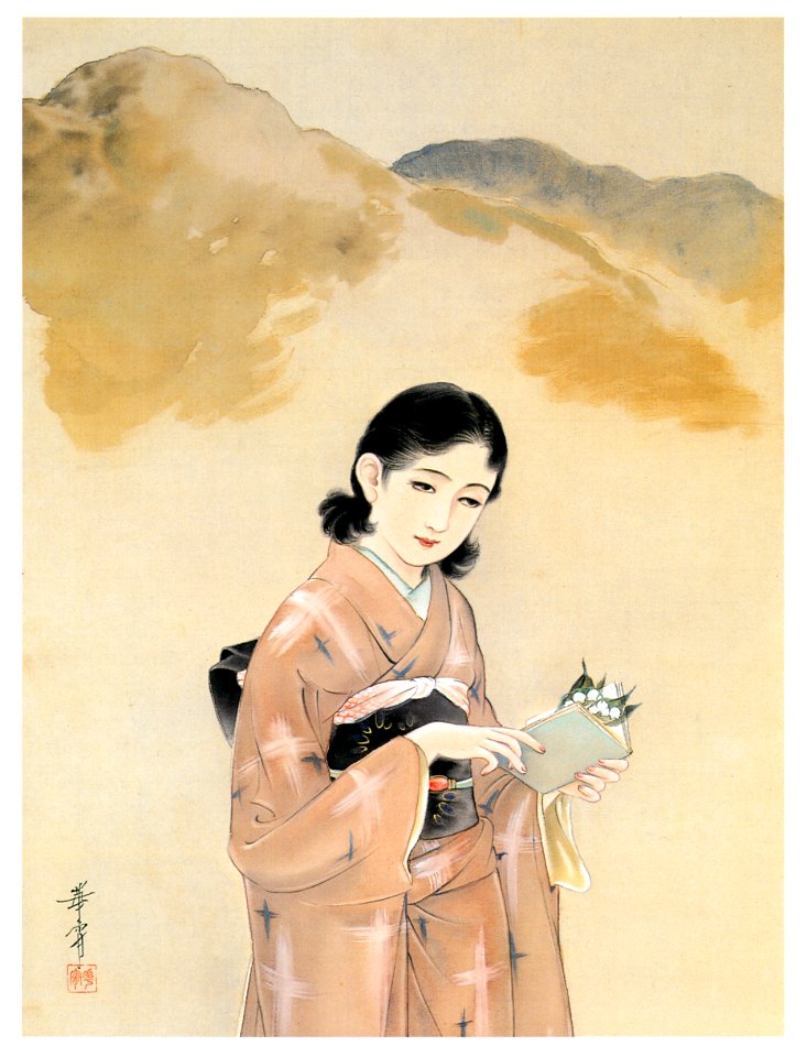 Takabatake Kashō – News of Lily of ｔhe Valley [from Catalogue of Takabatake Kashō Taisho Roman Museum]. Free illustration for personal and commercial use.