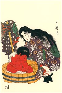 Kitagawa Utamaro – Yamauba and Kintaro – Taking a Bath [from Utamaro – Ukiyoe meisaku senshū I]. Free illustration for personal and commercial use.