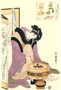 Kitagawa Utamaro – Okita of Naniwaya, before a Brazier [from Utamaro – Ukiyoe meisaku senshū I]. Free illustration for personal and commercial use.