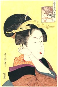 Kitagawa Utamaro – Out of the Six Well-known Beauties – Tatsumi Roko [from Utamaro – Ukiyoe meisaku senshū I]. Free illustration for personal and commercial use.