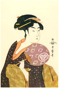 Kitagawa Utamaro – Ohisa of Takashimaya, Fan in Hand [from Utamaro – Ukiyoe meisaku senshū I]. Free illustration for personal and commercial use.