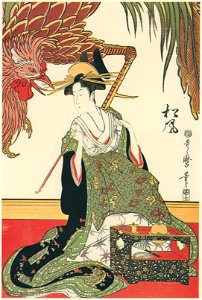 Kitagawa Utamaro – Three Beauties at Matsubaro – Matsukaze [from Utamaro – Ukiyoe meisaku senshū I]. Free illustration for personal and commercial use.