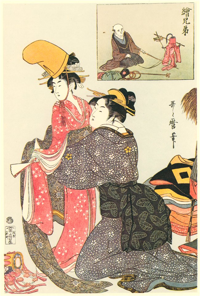 Kitagawa Utamaro – Two Pictures in Pair: Monkey Trainer [from Utamaro – Ukiyoe meisaku senshū I]. Free illustration for personal and commercial use.